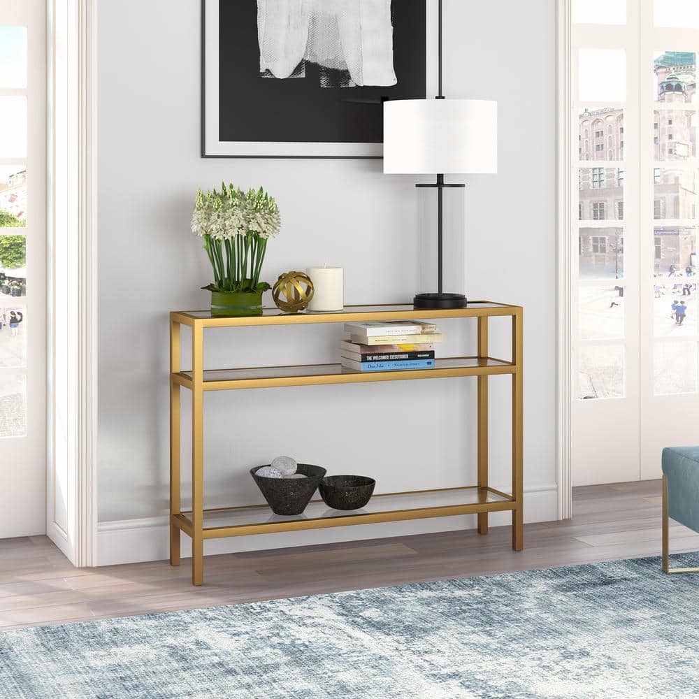 Brass Finish Metal and Glass Console Table with Storage