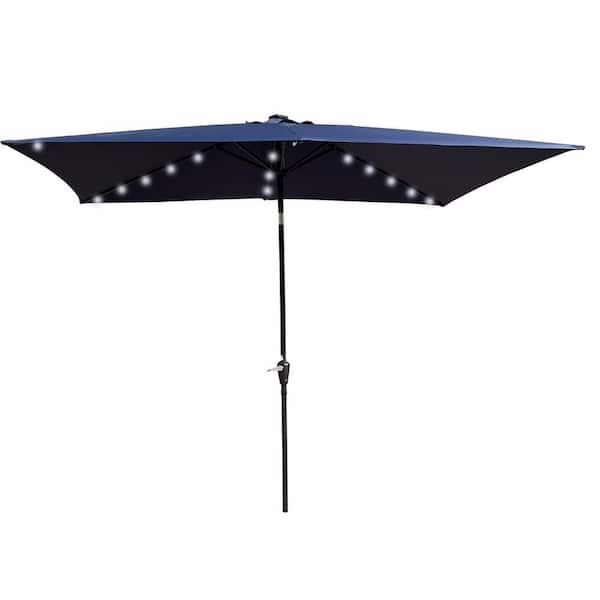 Cesicia 6.5 ft. x 10 ft. Rectangular Steel 26-LED UPF 40 Plus Patio Market Umbrella in Navy Blue with Push Button Tilt and Crank