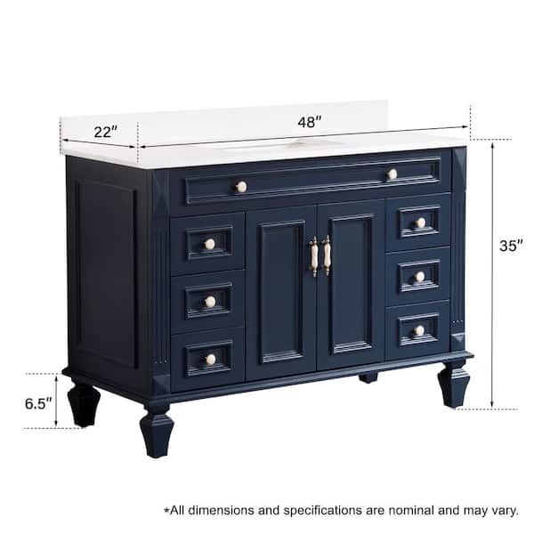 Combo 48 in. Single Sink Solid Wood Freestanding Navy Bath Vanity with Carrera White Quartz Top Assembled, with Cabinet