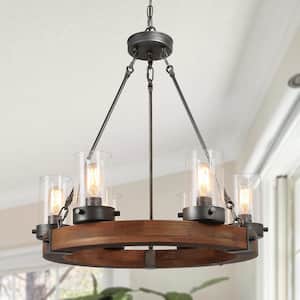 Bronze Farmhouse Chandelier Wood Wagon Wheel 6-Light Rustic Chandelier for Foyer with Seedy Glass and Aged Silver Metal