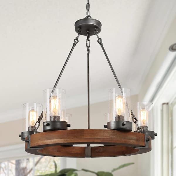 LNC Bronze Farmhouse Chandelier Wood Wagon Wheel 6-Light Rustic Chandelier for Foyer with Seedy Glass and Aged Silver Metal