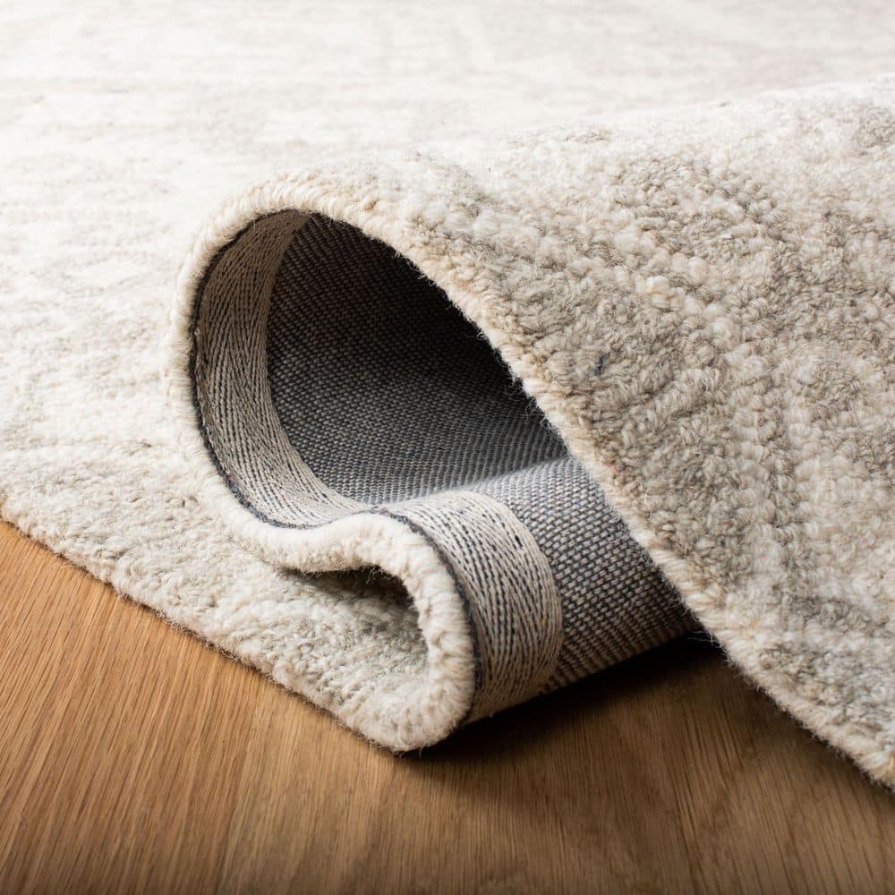 Elegant Ivory Tufted Wool Rectangular Rug, Handmade and Non-Slip