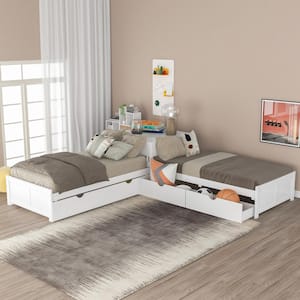 117.6 in. L x 117.6 in. W White Pine L-shaped Platform Bed with Trundle Drawers and Table
