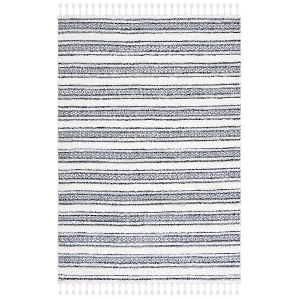 Moroccan Tassel Shag 9 ft. x 12 ft. Gray/Ivory High-Low Striped Area Rug