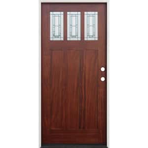 36 in. x 80 in. Pecan Left-Hand Inswing 3-Lite Triple Pane Decorative Glass Stained Mahogany Prehung Front Door