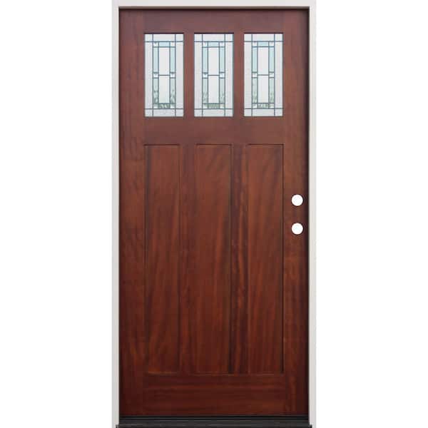 Pacific Entries 36 in. x 80 in. Pecan Left-Hand Inswing 3-Lite Glass Stained Mahogany Prehung Front Door with 6-9/16 in. Jamb - FSC 100%