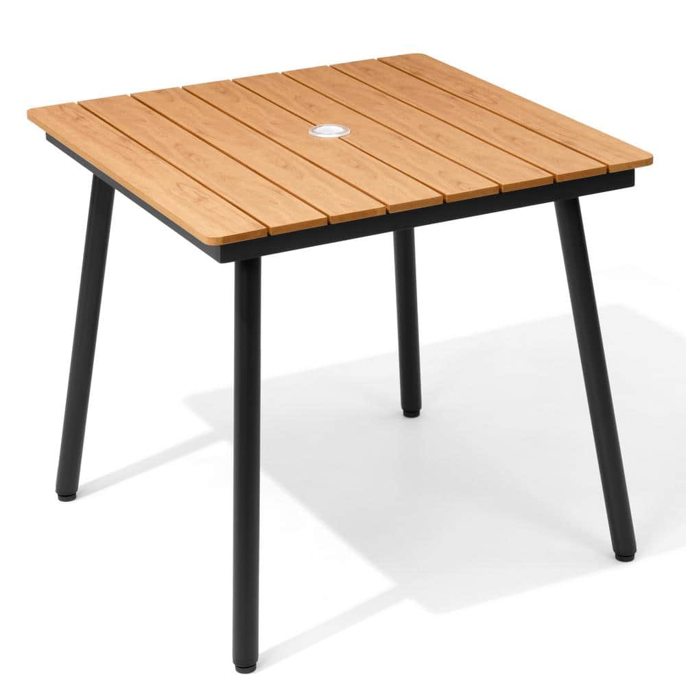31.3 in. Square Aluminum Outdoor Patio Dining Table with Wood-Like Tabletop in Brown
