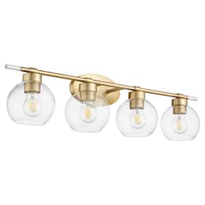 Volan 4-Light - 100-Watt Medium Lamp Base Light Vanity 33 in. Width with 3 Clear Glass Diffusers Aged Brass