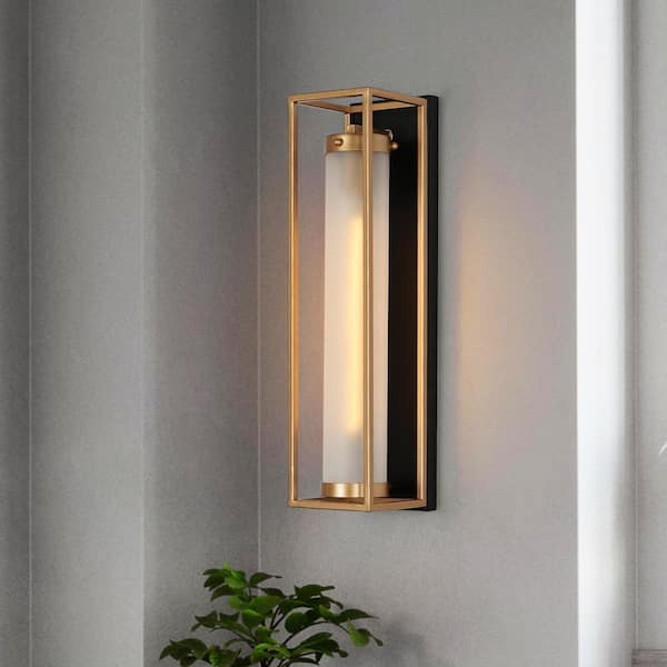 1-Light 18 in.H Dark Gold Modern Wall Sconce, Black Wall Light with Tube Frosted Glass, Farmhouse Rectangle Wall Lamp