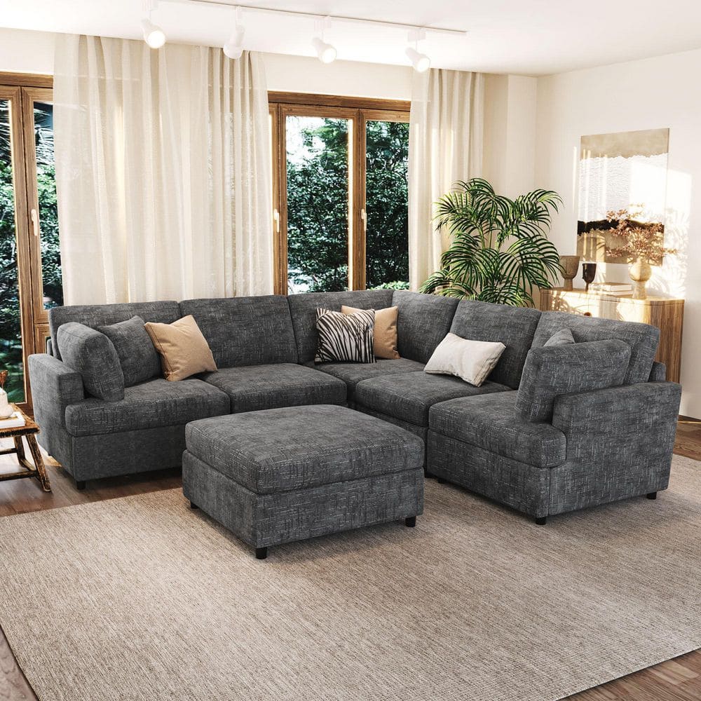 127 in. W 6-Piece Chenille Fabric Modular Sectional Sofa in. Gray with Movable Ottoman