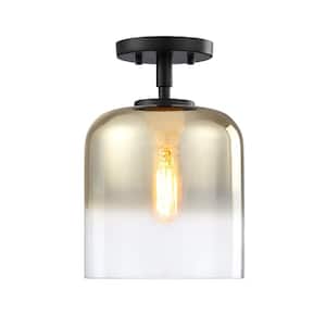 Gatsby 8.5 in. 1-Light Matte Black Mid-Century Modern Semi Flush Mount with Gold Ombre Shade for Bedrooms