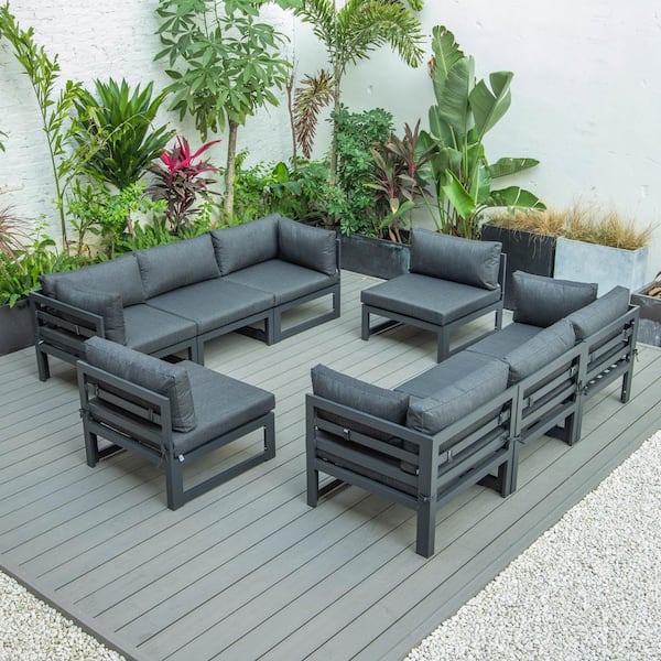 Leisuremod Chelsea Black 8-Piece Aluminum Outdoor Sectional with Black Cushions
