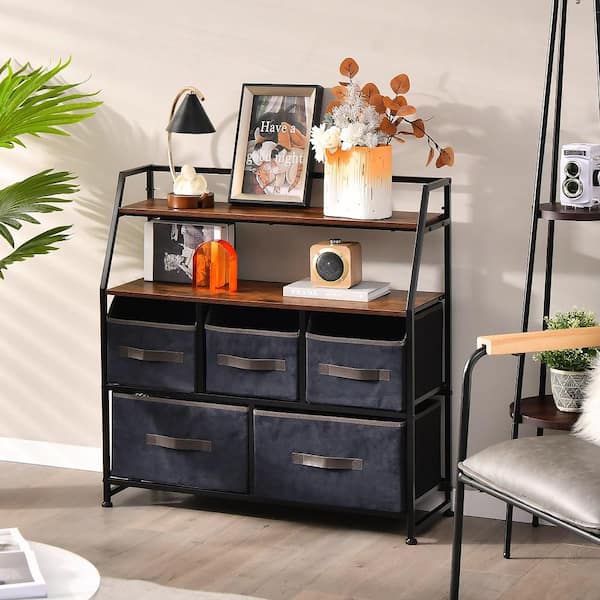 Black 5-Drawer Storage Dresser Organizer Unit with Fabric Bin for Living Room Bedroom