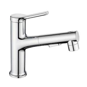 Modern Solid Brass Single Handle Single Hole Bathroom Faucet with Pull Out Sprayer in Chrome