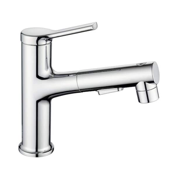 Lukvuzo Modern Solid Brass Single Handle Single Hole Bathroom Faucet with Pull Out Sprayer in Chrome