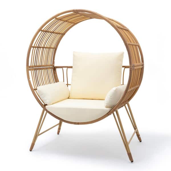 Brafab Patio Wicker Egg Chair, Oversize Indoor Outdoor Egg Chair, Beige Rattan Beige Cushions