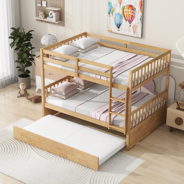 Natural Yellow Full Over Full Size Bunk Bed with Twin Trundle and Guardrails
