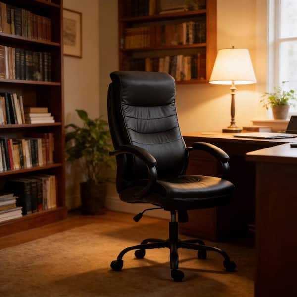 Faux Leather High Back Office Chair Ergonomic Desk Chair in Black with Adjustable Height