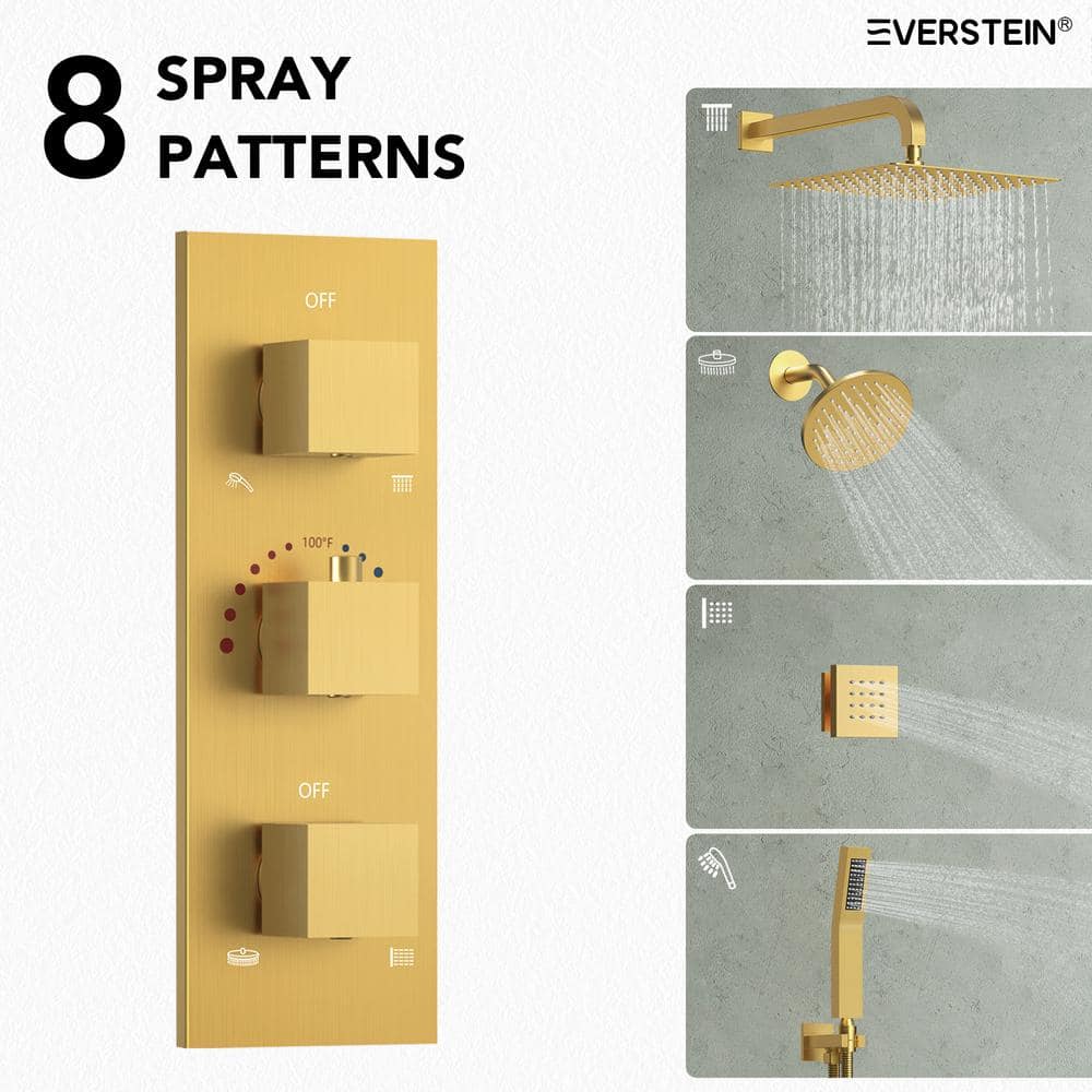 Gold Thermostatic 12" Triple Showerhead System with Handheld
