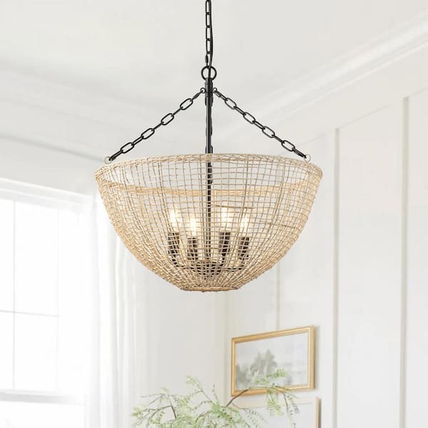 20.87 In. 4-Light Farmhouse Black Chandelier Coastal Hand Woven Hanging Lighting Fixture with Wicker Shade