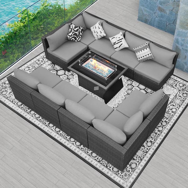 FINCATI Dark Gray Rattan Wicker 10-Seat 11-Piece Patio Fire Pit Deep Seating Set with Light Gray Cushions and Firepit Table