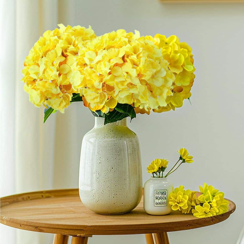 11.1 in. Yellow Outdoor Artificial Hydrangea Flower for Decoration (Set of 