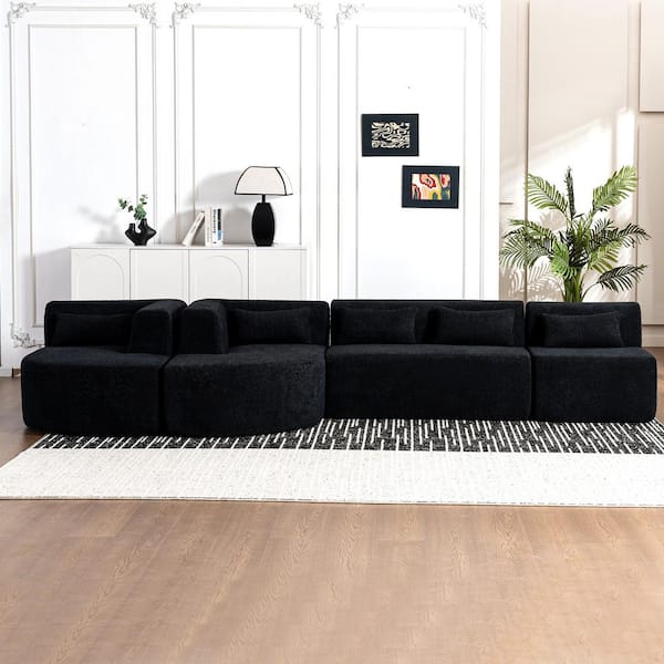 Polibi 143.7 in. Boucle Fabric Square Arm Straight Sectional Sofa in Black with 2-Chaise Lounge and 5-Back Pillows