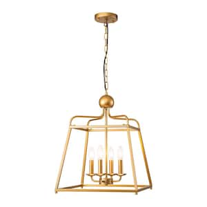 Elutheria 4-Light Brass Modern Lantern Chandelier Vintage Farmhouse Geometric Cage Pendant Light with Candle Style