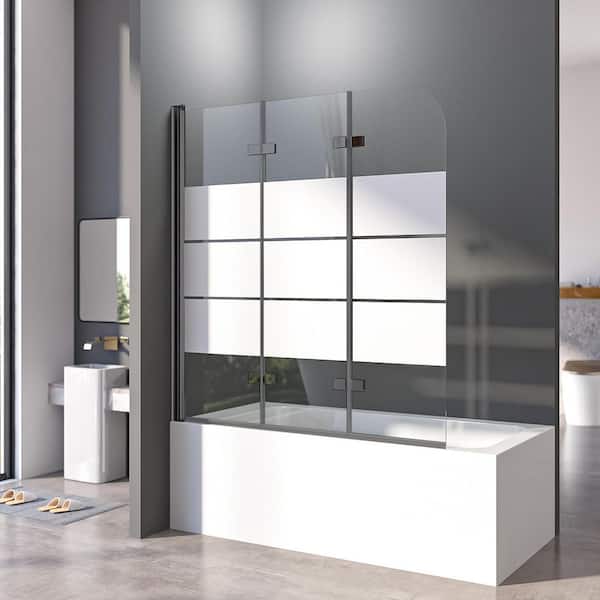48 in. W x 55 in. H Tri-Fold Frameless Pivot Tub Door in Black with Explosion-Proof Film Tempered Clear Glass