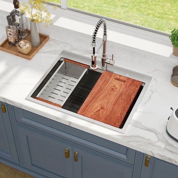 28 in. x 22 in. Topmount Single Bowl 16-Gauge Stainless Steel Drop-In Workstation Kitchen Sink with Bottom Grid