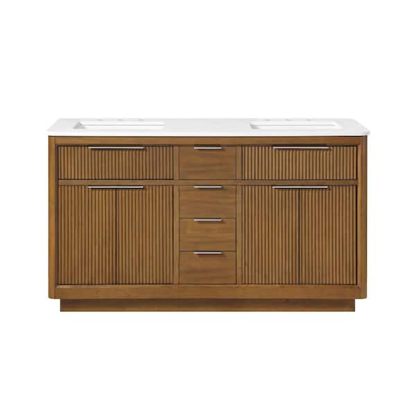 Xander 60 in. Freestanding Warm Walnut Bath Vanity with White Engineered Stone Top and Brushed Nickel Hardware