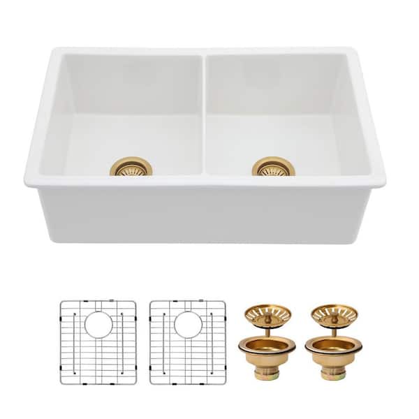 32 in. Rectangular Double Bowl Ceramic White Undermount Kitchen Sink with Sink Grids