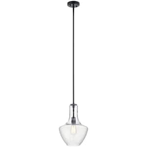 Everly 15.25 in. 1-Light Black Transitional Shaded Kitchen Bell Pendant Hanging Light with Clear Glass