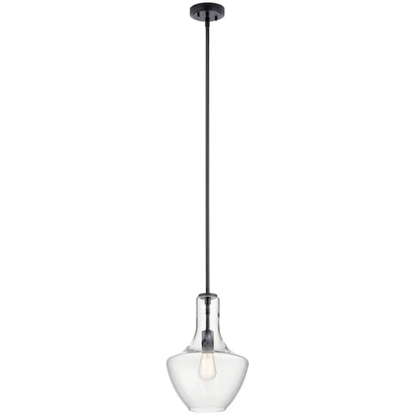 KICHLER Everly 15.25 in. 1-Light Black Transitional Shaded Kitchen Bell Pendant Hanging Light with Clear Glass