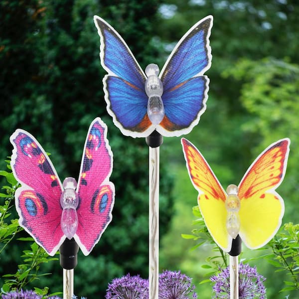 Set Of 3 Pack Solar Powered LED Flower Garden Stake Lights Decorative Butterfly 