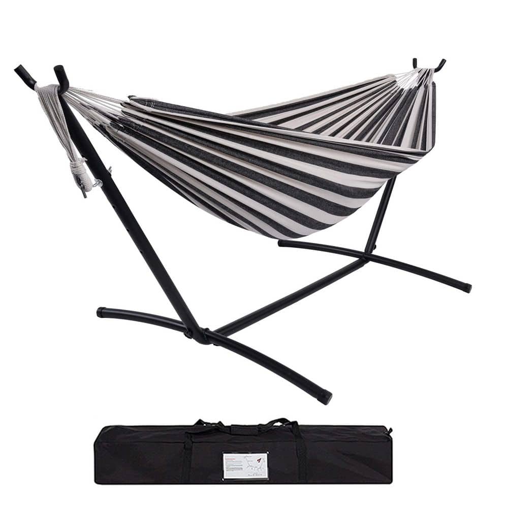 Camping Outdoor Classic Hammock with 9FT Space Saving Steel Stand Head Pillow Carrying Bag In Black & White Striped price history on PriceWatchPro