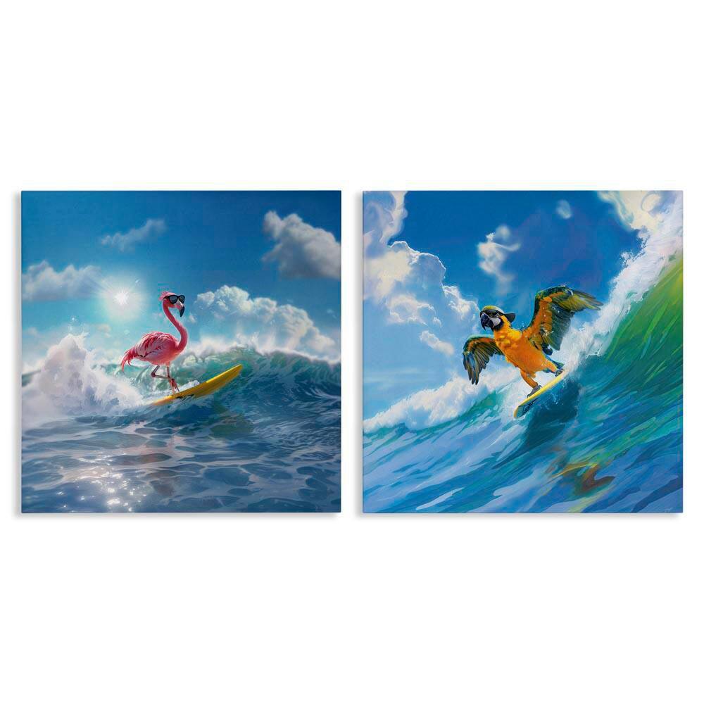 Parrot and Flamingo Surf by Jim Baldwin 2-Pieces Unframed Coastal Graphic Art Print 17 in. x 17 in. price history on PriceWatchPro