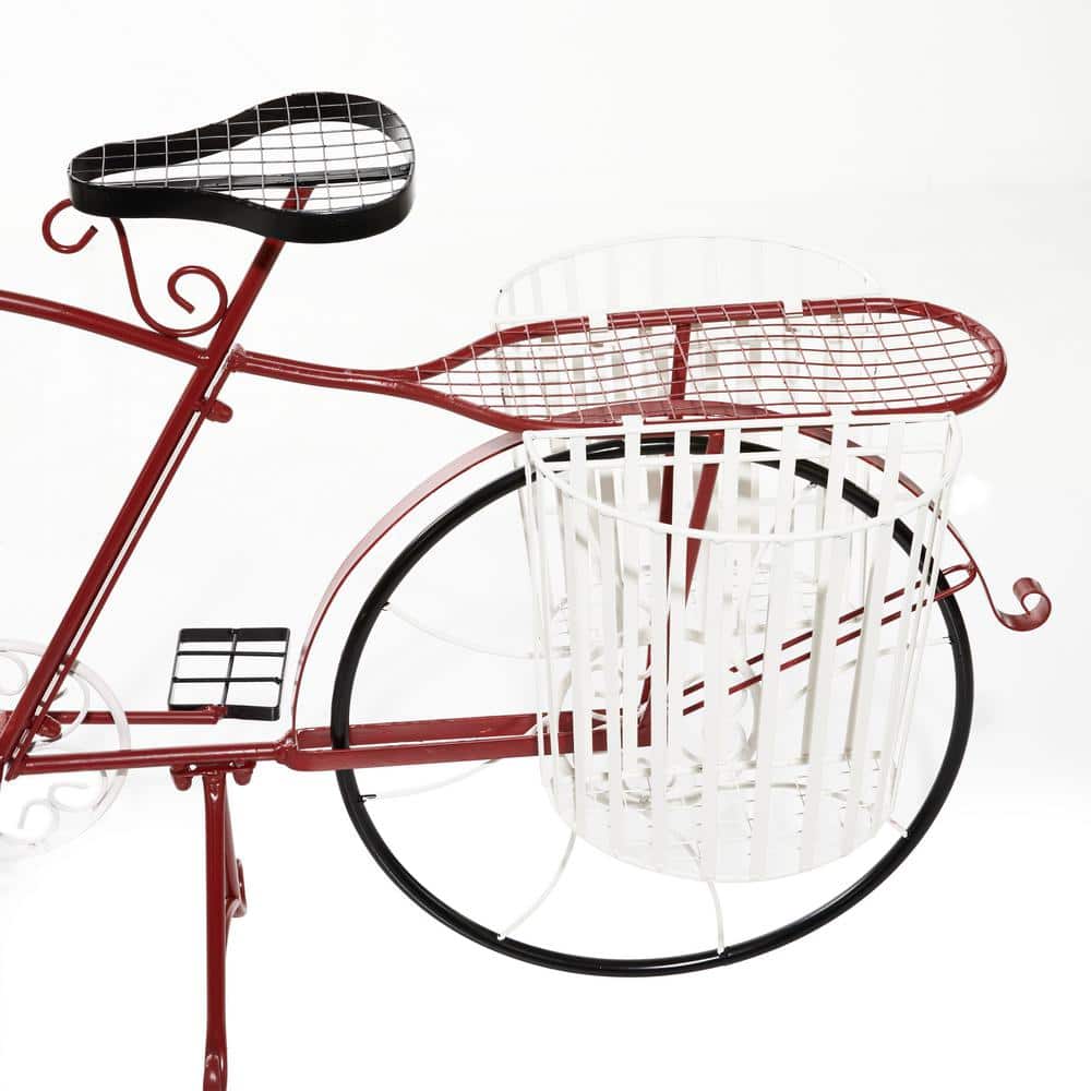 Red Metal Bicycle Plant Stand with White Baskets