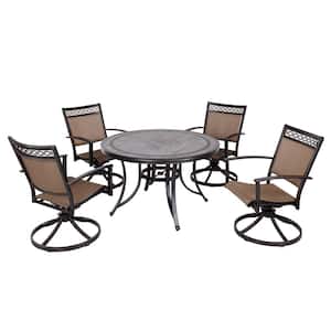 5-Piece Aluminum and Round 46 in. Mosaic Tile Top Table Patio Outdoor Dining Set with 4 Swivel Rocker Sling Chairs