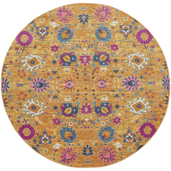 8 ft. Round Gold Floral Washable Area Rug