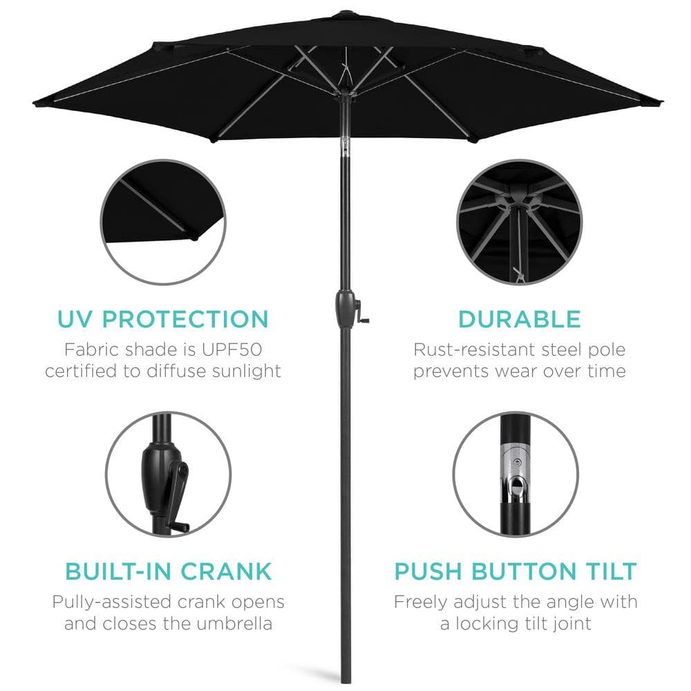 7.5ft Black Powder-Coated Steel Outdoor Patio Umbrella with Crank Lift