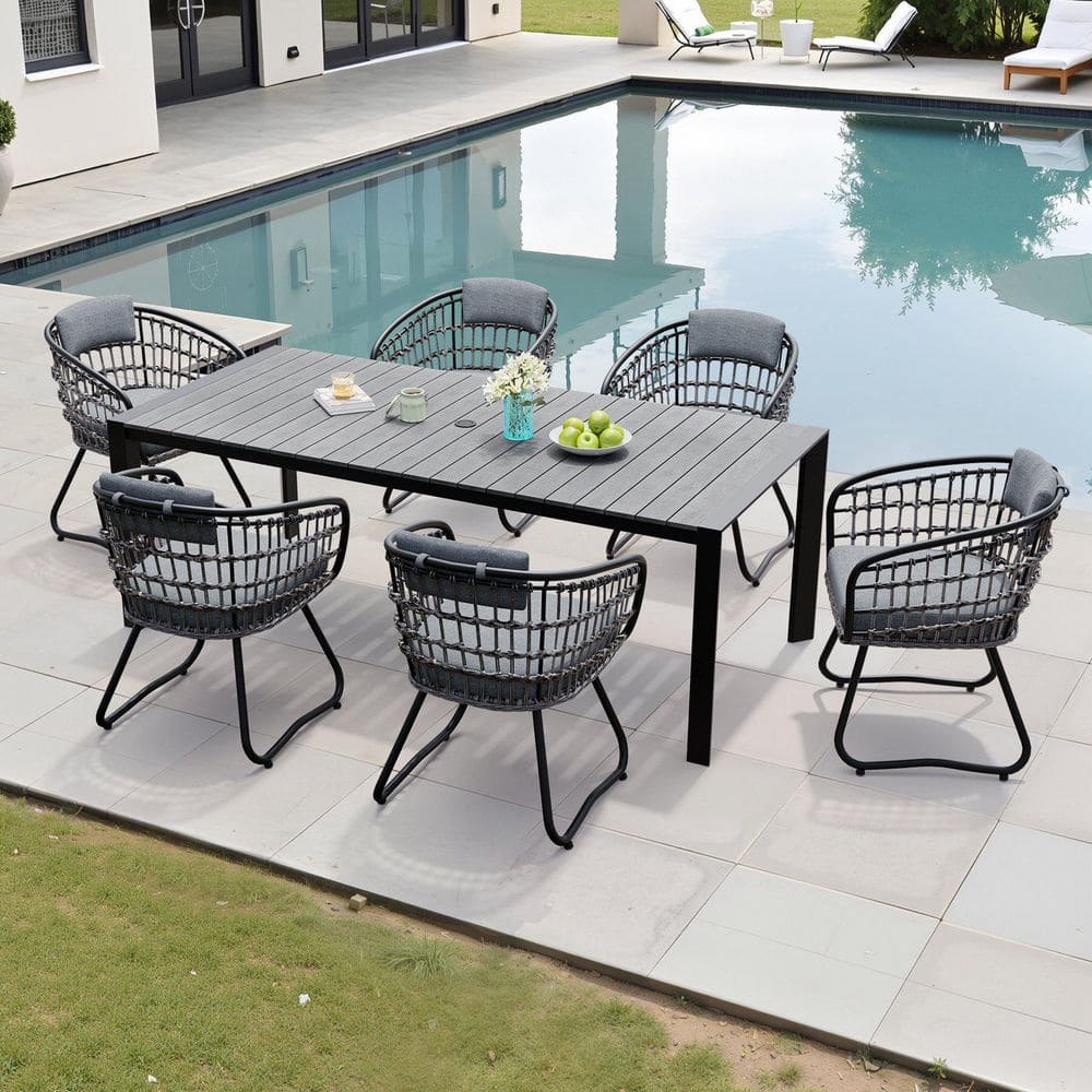 7-Piece Metal 71.42 in. Outdoor Dining Set with 6 Gray Cushioned Rattan Chairs Patio Table Set for Garden price history on PriceWatchPro