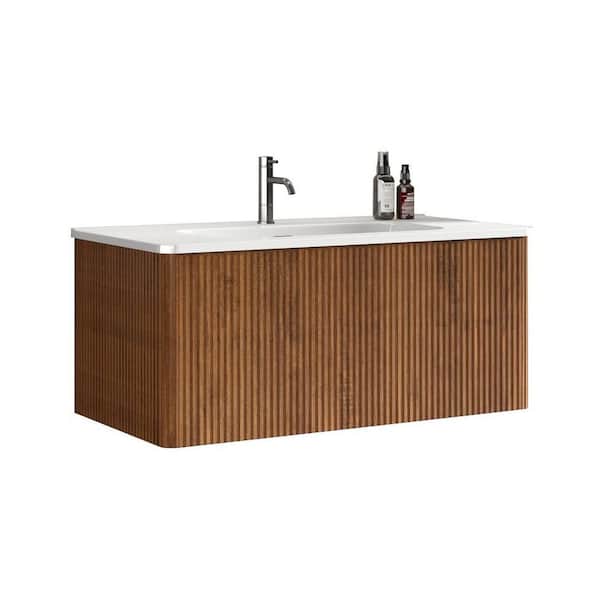 36 in. Single Sink Floating Walnut Bath Vanity with White Ceramic Top (Assembled), Curved Edges, Striped Texture