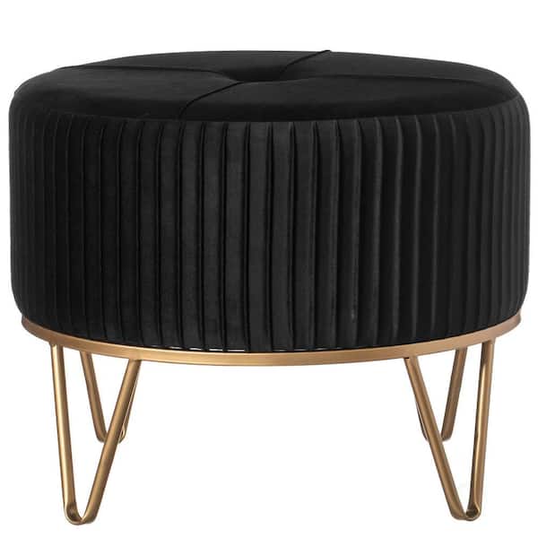 Black, Medium Round Velvet Ottoman Stool Raised with Hairpin Gold Base, Papasan Chair