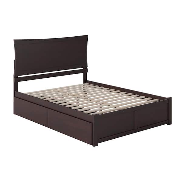 Metro Espresso Queen Solid Wood Storage Platform Bed with Flat Panel Foot Board and 2 Bed Drawers