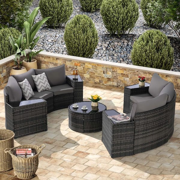 Tenleaf 11-Piece Wicker Patio Conversation Set with Dark Gray Cushions, Tempered Glass Round Coffee Table
