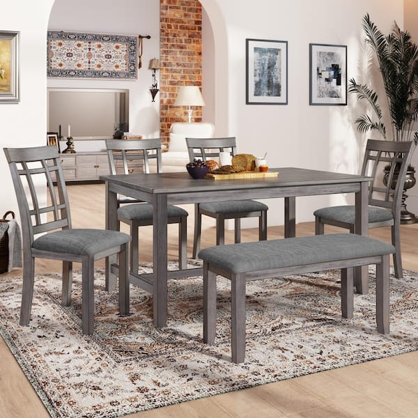 Harper & Bright Designs 6-Piece Wood Top Gray Dining Table Set with 4 Chairs and 1 Bench