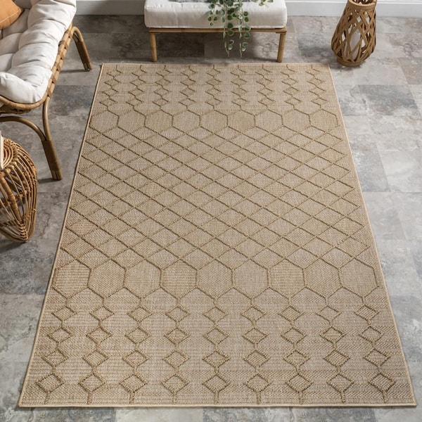 Malina Geometric Dark Beige 4 ft. x 6 ft. Outdoor Area Rug