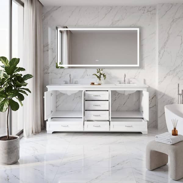 QUE 80 in. W Solid Wood Double Sink Bath Vanity in White with White Cultured Marble Top, Soft-Close Drawers, Assembled