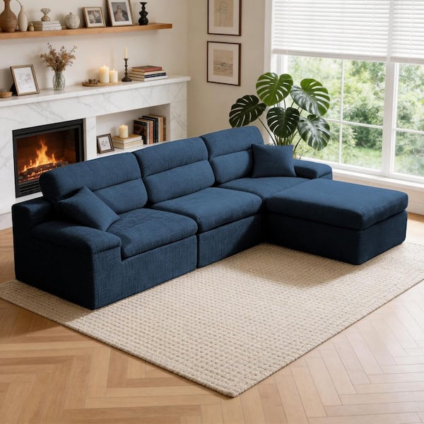 Magnus 110.63 in. 4-Piece Chenille Modular Sleeper Compressed Sectional Sofa in Dark Blue with Ottoman
